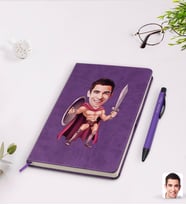 BK Gift Kişiye Özel Spartalı Karikatürlü Mor Termo Deri Defter Kalem Seti Model 1