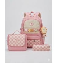 Kore Model Charm Detaylı 3'lü Okul Çanta Seti (Çanta- Beslenme - Kalemlik) (Pembe)