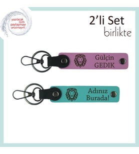 Aslan Motifli Deri Tasarım, Erkek Sevgiliye Özel Yazılabilir Hediyelik Set, Pembe-Koyu Turkuaz (Çok Renkli)