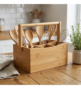 4 Bölmeli Bambu Kaşıklık ve Organizer - Tezgah Üstü Çatal Bıçak Düzenleyici Taşıma Kulplu Servis Standı (23 x 16 x 12 cm)
