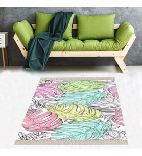 Tropikal Yaprak Desenli Renkli Dijital Baskılı Kaymaz Taban Modern Salon Halısı ve Yolluk (Çok Renkli)