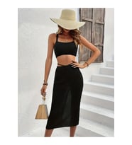 Kadın Askılı Crop Ve Bel Detaylı Derin Yırtmaçlı Etek Ikili Takım