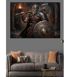 Zırhlı Ve Çekiçli Viking Savaşçısı Dekoratif Kanvas - Mdf Ahşap Tablo