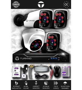 TURKNO 4 Kameralı Pania 1 İç Kamera Set 250 GB HDD Full HD Gece Görüşlü Güvenlik Kamerası Sistemi