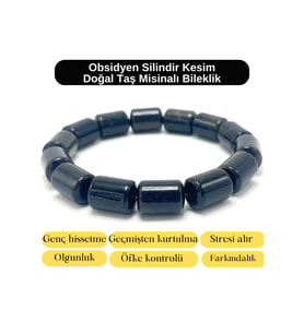 SERTİFİKALI Obsidyen Silindir Kesim Doğal Taş Misinalı Bileklik