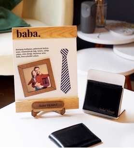 Baba Temalı Kişiye Özel Ahşap Fotoğraflı Çerçeve ve Cüzdan Hediye Seti  (Model 1)