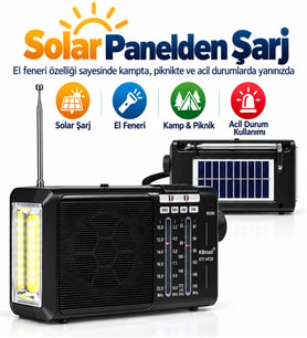 UltraTekno KTF-1472S Solar Panelli 4 Band Şarjlı Radyo FM AM SW1 SW2 El Fenerli
