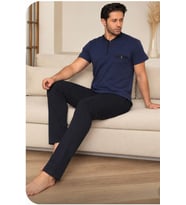 Erkek Jakar Desen Kısa Kol Pantolon Cepli Penye Kumaş Pijama Takımı 5301