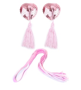 Pembe Deri Kırbaç ve Göğüs Ucu 2'li Fantezi Set