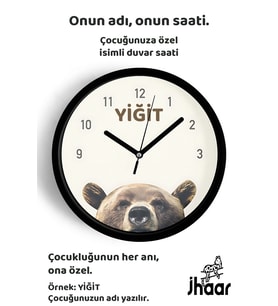 İsme Özel Sevimli Ayı Çocuk Odası Duvar Saati Orta Boy 30 cm Siyah Camlı Sessiz