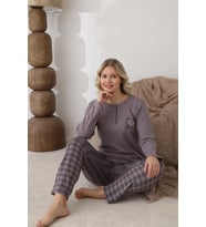 Lindros Kadın Pamuk'lu Düğme Yaka Raporlu İnterlok KIŞLIK Pijama Takımı 05162 - 1 Adet (Füme)