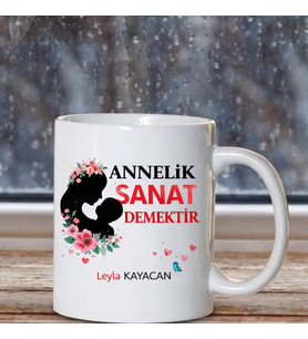 Kişiye Özel  Kupa Annelik Sanattır Yazılı Şık Anneler Günü Hediyesi Anneme En Özel Hediye (Krem)