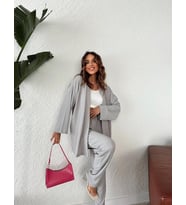 Kadın Beli Lastikli Bürümcük Kumaş Pantolon Kimono 2li Takım Set Gri
