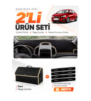 CHEVROLET AVEO T300 (2011-2015) Uyumlu Torpido Örtüsü + Deri Bagaj Çantası + Sticker Seti - Siyah Bej
