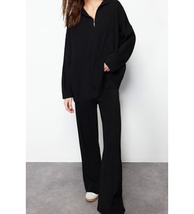 Moda Düz Dik Yaka Casual Günlük Ekru Rahat Kesim Dik Yaka Basic Triko Alt-Üst Takım (Siyah)
