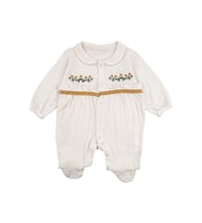 Kız Bebek Ekru Sarı Çiçek Nakışlı Patikli Yakalı Tulum