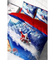 Yılbaşı Çift Kişilik Nevresim ( Lastikli Çarşaflı ) %100 Pamuk Saten Blue Noel
