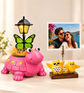 Kişiye Özel Fotoğraflı Sevimli Pembe Kaplumbağa Masa Lambası ve Baykuş Fotoğraf Tutucu Hediye