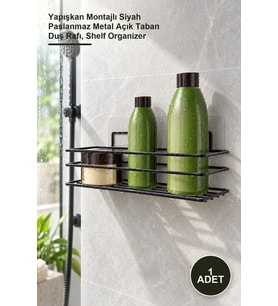 Yapışkanlı Duş Ve Banyo Rafı Siyah Paslanmaz Metal