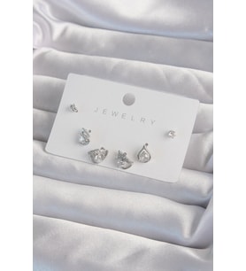 Pirinç Gümüş Renk Zirkon Taşlı Damla Model Küpe Seti - TJ-BKP9320