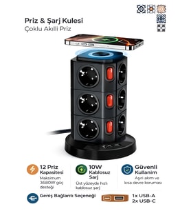 Kule Tipi 3xUSB, 12'li Akım Korumalı Priz, Soket 10Watt Wireless Kablosuz Şarj Pedi Çoklayıcı Ofis