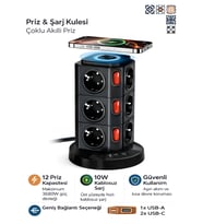 Kule Tipi 3xUSB, 12'li Akım Korumalı Priz, Soket 10Watt Wireless Kablosuz Şarj Pedi Çoklayıcı Ofis
