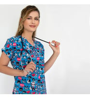 Unisex Meow Kedi Desenli Esnek  Likralı Veteriner Doktor Hemşire Cerrahi Scruns Tek Üst Forma (Mavi)