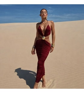 Bordo Sandy Kumaş Toka Det.Dekolteli Midi Elbise