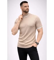 Erkek Fitilli Triko Dokuma Kısa Kol Tişört Yarım Boğaz Modern Yazlık T-Shirt - Bej