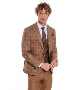 Ekose Ceketli Desenli Slim Fit Kahverengi Erkek Takım Elbise - Wessi
