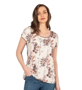 Kadın Doğal Tonlu Floral Desenli Kısa Kol Bluz  Kahverengi 26547
