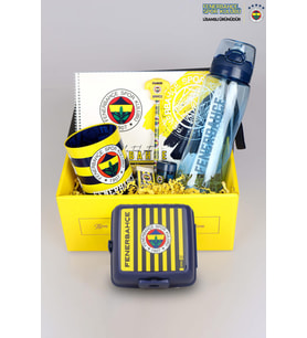 DEKOMUS GIFT BOX ÖZEL KUTULU FENERBAHÇE BESLENME KABI VE 700 ML TRITAN MATARA İLE KIRTASİYE SETİ (Krem)