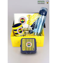 DEKOMUS GIFT BOX ÖZEL KUTULU FENERBAHÇE BESLENME KABI VE 700 ML TRITAN MATARA İLE KIRTASİYE SETİ (Krem)