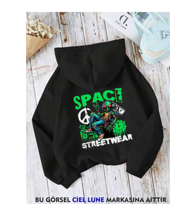Unisex Space Wear Baskılı Oversize Baskılı Kapşonlu Sweatshirt 3 Iplik (Siyah)