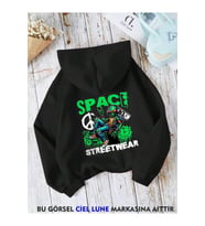 Unisex Space Wear Baskılı Oversize Baskılı Kapşonlu Sweatshirt 3 Iplik (Siyah)