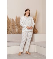 Uzun Kollu Büyük Beden Kadın Pijama Takımı- Çiçek Desenli Pijama - Pinterest Basic Kadın  Pijama (Hardal)