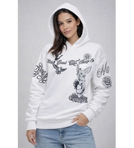 3 İplik Pamuklu Kapüşonlu Baskılı SweatShirt Hoodie - Beyaz