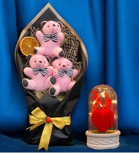 Pembe Peluş Ayıcıklı Büyük Boy Ayıcık Buketi ve Led Işıklı Tasarım Fanus  Ayıcık Buketi (Model 6)