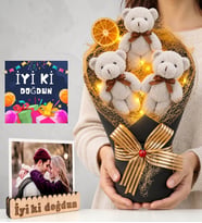 Doğum Günü Hediyesi Kişiye Özel Fotoğraflı LED Işıklı Gri Peluş Ayıcık Buketi