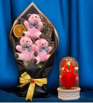 Pembe Peluş Ayıcıklı Büyük Boy Ayıcık Buketi ve Led Işıklı Tasarım Fanus  Ayıcık Buketi (Model 6)