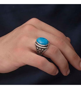 Gümüş Zirkon Turkuaz Taşlı Oval Erkek Yüzük