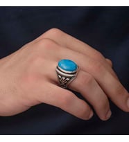 Gümüş Zirkon Turkuaz Taşlı Oval Erkek Yüzük