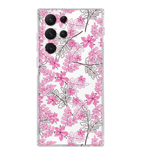 Samsung Galaxy S22 Ultra  Kamera Korumalı Kapak Floral Pembe Tasarımlı  Şeffaf Kılıf