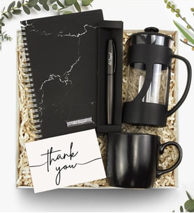 Kişiye Özel Kalın Metal Roller Kalem & Beyaz Mermer Desen Defter & French Press & Siyah Mat Kupa & Hediye Seti