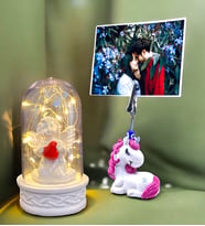 Kişiye Özel Fotoğraflı Set  Led Işıklı Fanus ve Unicorn Tasarımlı Fotoğraf Tutucu  Özel Set (Model 1)