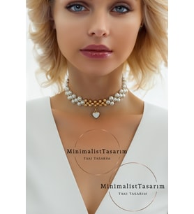 İnci choker kolye, inci kolye, Kalpli kolye ,incili kolye, Taşlı choker kolye, gül choker, tasma