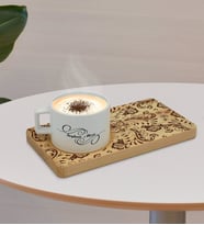BK Gift Kişiye Özel Retro Motif Tasarımlı Doğal Ahşap Tabaklı Seramik Fincan Sunum Seti  Model 3