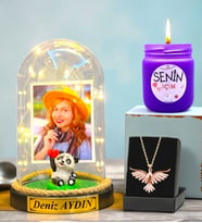 Kişiye Özel Led Işıklı Fanus, Kokulu Mum ve Gerçek Ametist Taşlı Anka Kuşu Kolye (Model 1)