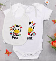 BK Kids Kişiye Özel İsimli Bebek Body Zıbın ve Mama Önlüğü Hediye Seti - Model 34