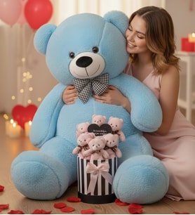 Sevgililer Günü Hediyesi 90 Cm Peluş Ayı + Aynalı Mesajlı Silindir Ayıcık Buketi  Romantik Sevgiliye Kıza Özel Set (Açık Mavi)